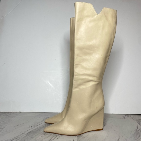Schutz Asya Up Eggshell Leather Pointy Toe Wedge Tall Boot 9B - Picture 14 of 14